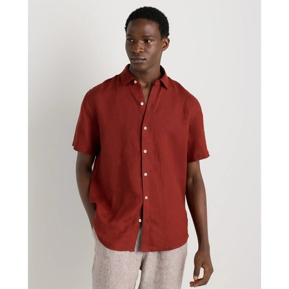 New Quince 100% European Linen Relaxed Short Sleeve Shirt Brick Red, Large